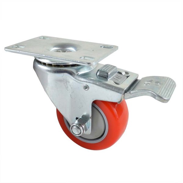 Big Horn Swivel Plate Wheel Casters Double Lock Stem Brake with Red Polyurethane Wheels, 220-Pound 19786